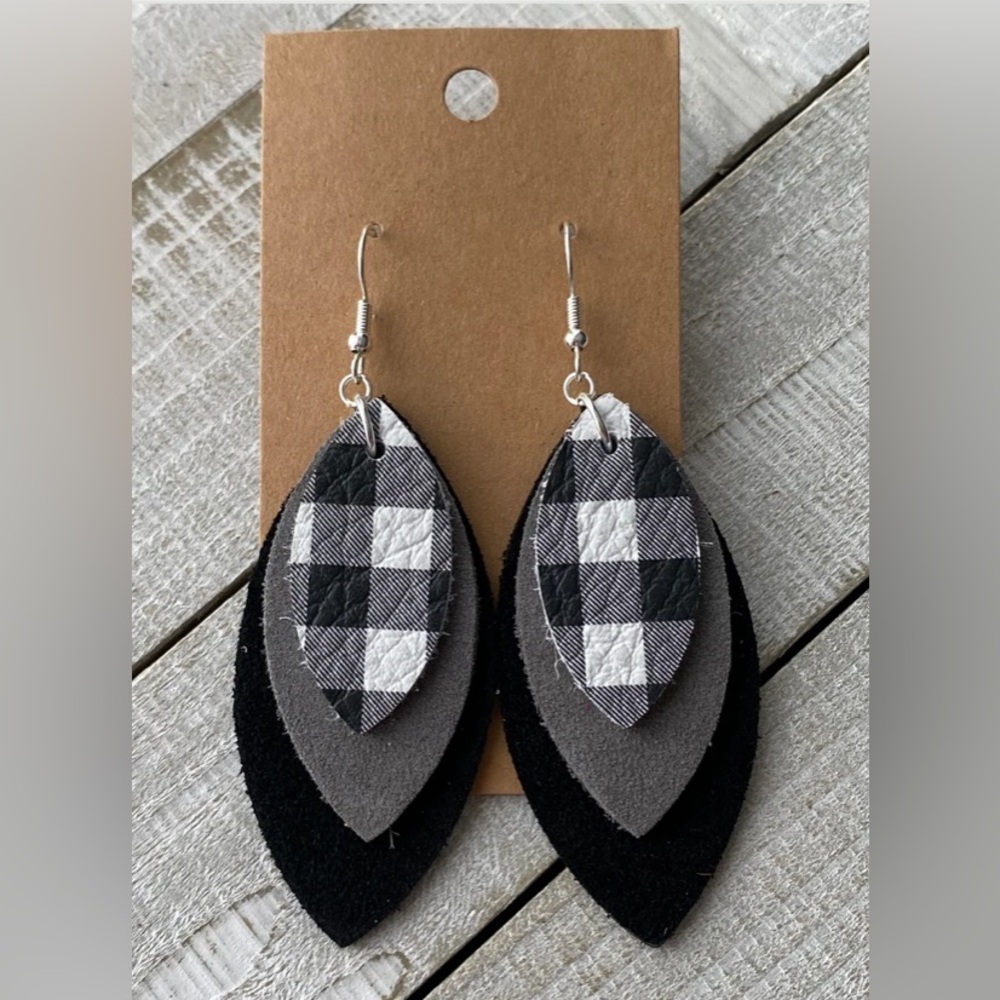 Black and White Buffalo Plaid Earrings, Genuine Leather Earrings, Handmade